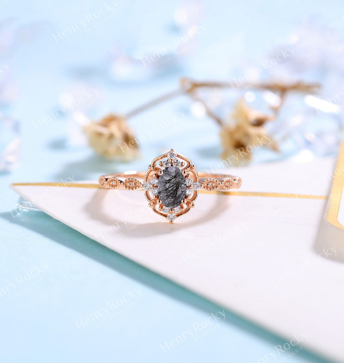 Black Rutilated Quartz Engagement women ring | Antique Oval shaped Bridal Jewelry | Art deco Halo Rose gold Ring Milgrain | Anniversary ring