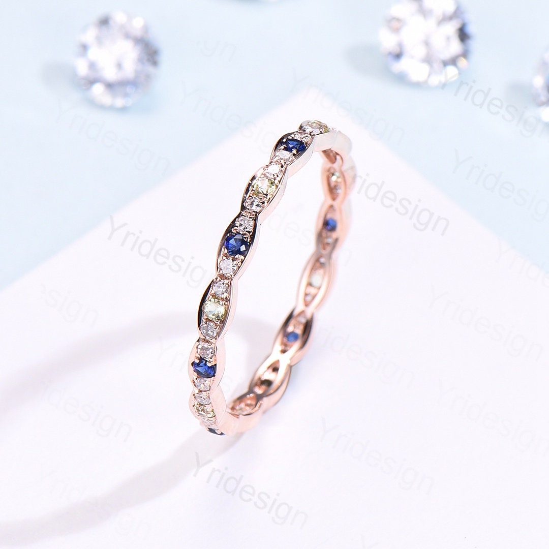 Sapphire peridot diamond wedding ring band solid 14K 18k yellow gold full eternity diamond stacking matching band art deco engagement  ring