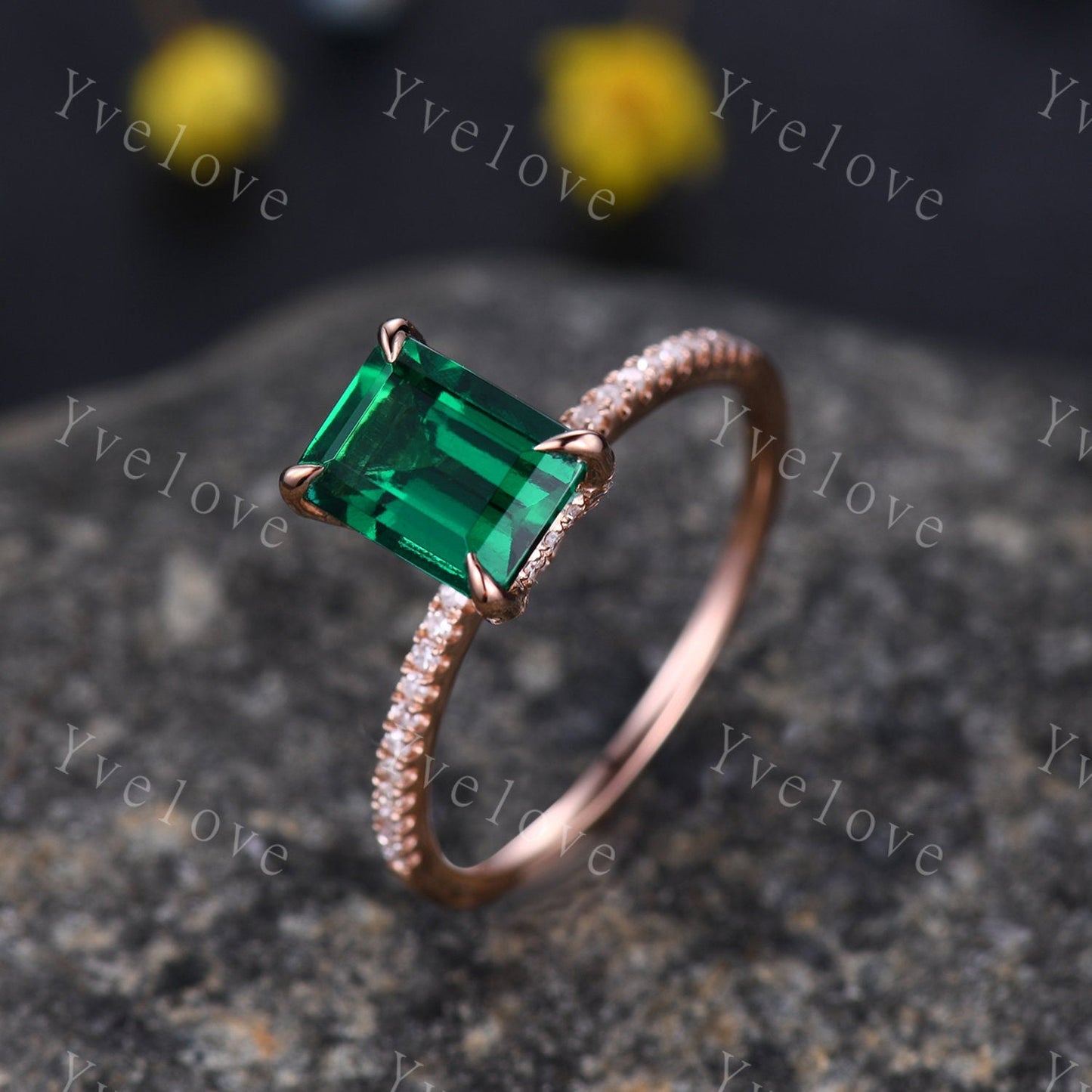 Emerald engagement ring 6x8mm emerald-cut lab created emerald ring real diamond wedding band diamond setting 14k white gold birthstone ring