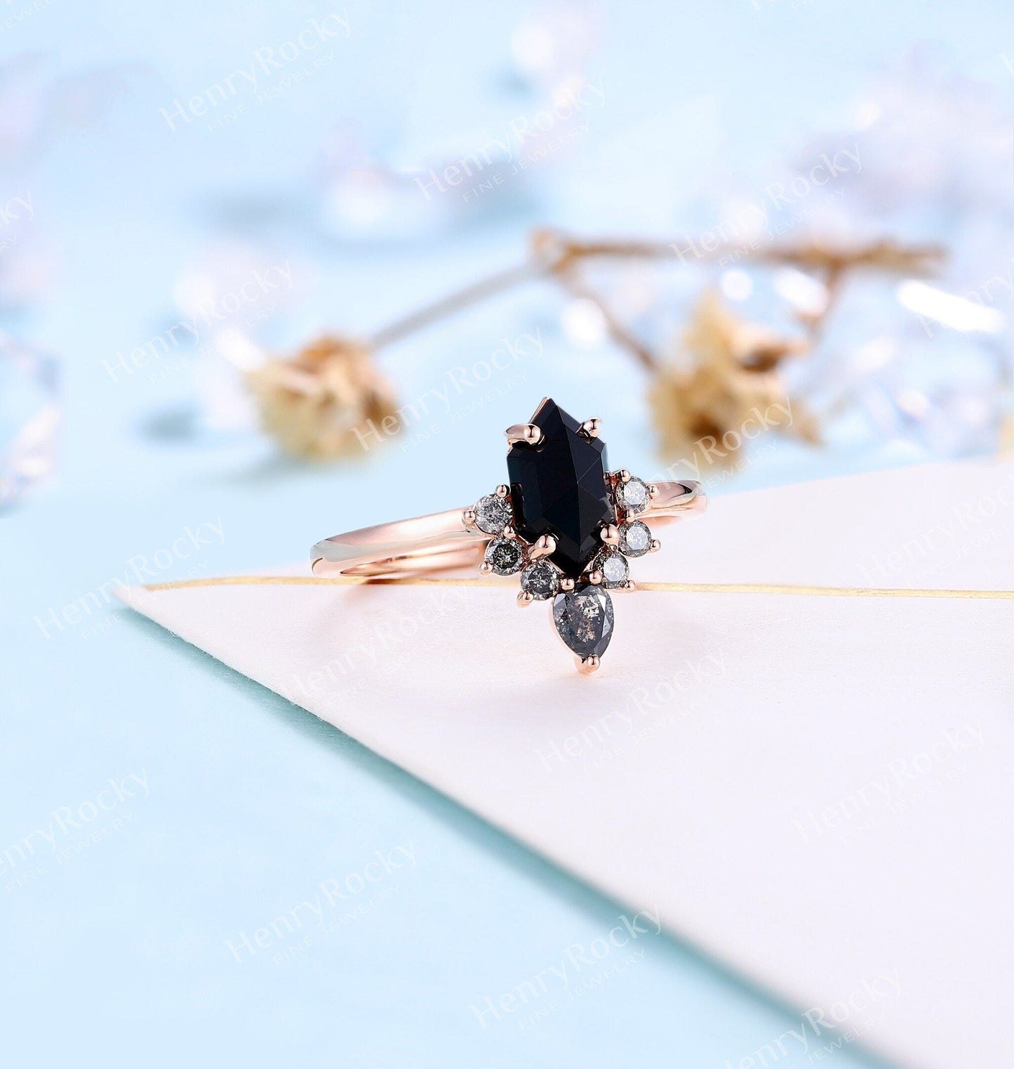 Black Onyx engagement ring | Salt and pepper diamond art deco wedding ring | Rose cut ring Hexagon bridal ring | Rose gold ring |Anniversary