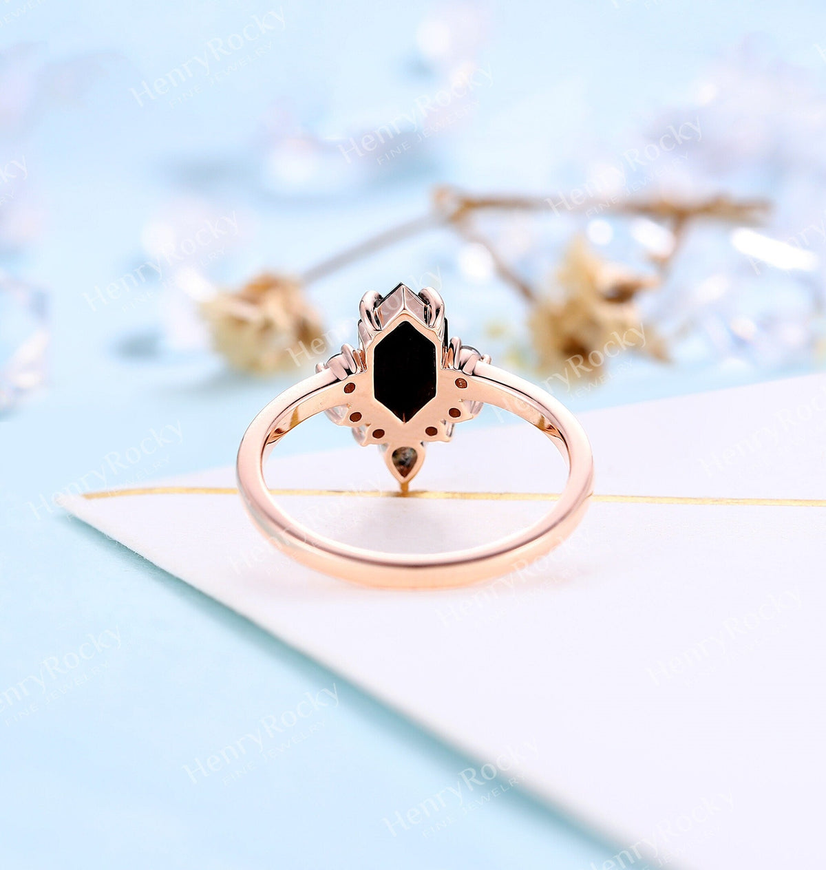 Black Onyx engagement ring | Salt and pepper diamond art deco wedding ring | Rose cut ring Hexagon bridal ring | Rose gold ring |Anniversary