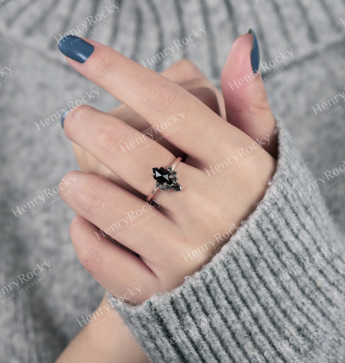 Black Onyx engagement ring | Salt and pepper diamond art deco wedding ring | Rose cut ring Hexagon bridal ring | Rose gold ring |Anniversary