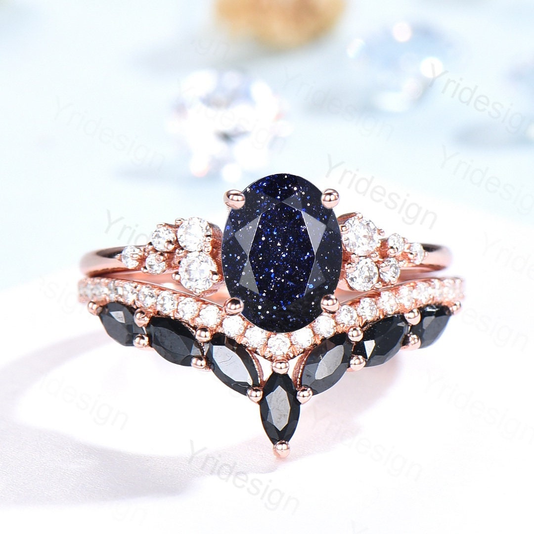 Oval Blue Sandstone Engagement Ring Set, 14k Rose Gold, Black Diamond & Moissanite