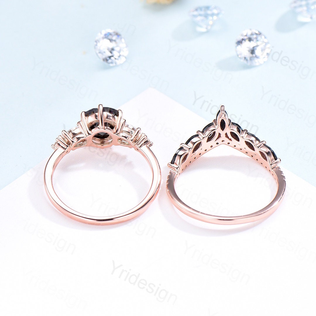 Oval Blue Sandstone Engagement Ring Set, 14k Rose Gold, Black Diamond & Moissanite