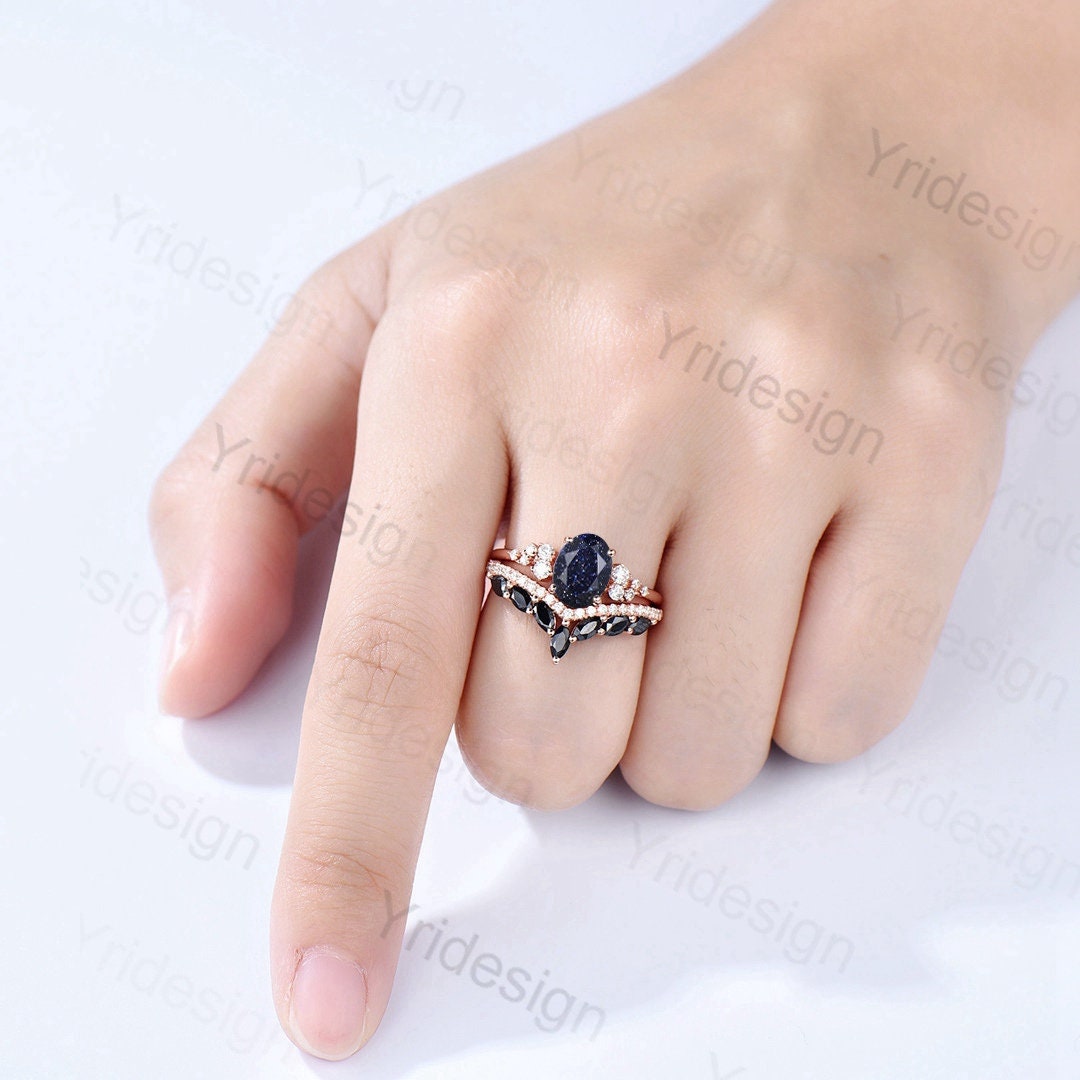 Oval Blue Sandstone Engagement Ring Set, 14k Rose Gold, Black Diamond & Moissanite