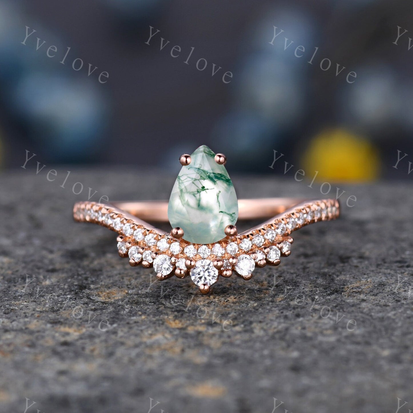 Pear Cut Moss Agate Engagement Ring Set Elegant Wedding Ring Set Marquise stacking wedding band Unique Vintage Bridal Set Anniversary Gift