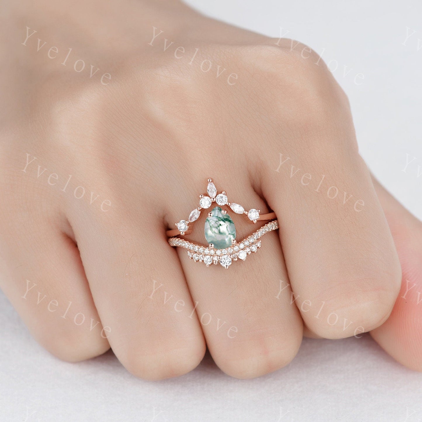 Pear Cut Moss Agate Engagement Ring Set Elegant Wedding Ring Set Marquise stacking wedding band Unique Vintage Bridal Set Anniversary Gift