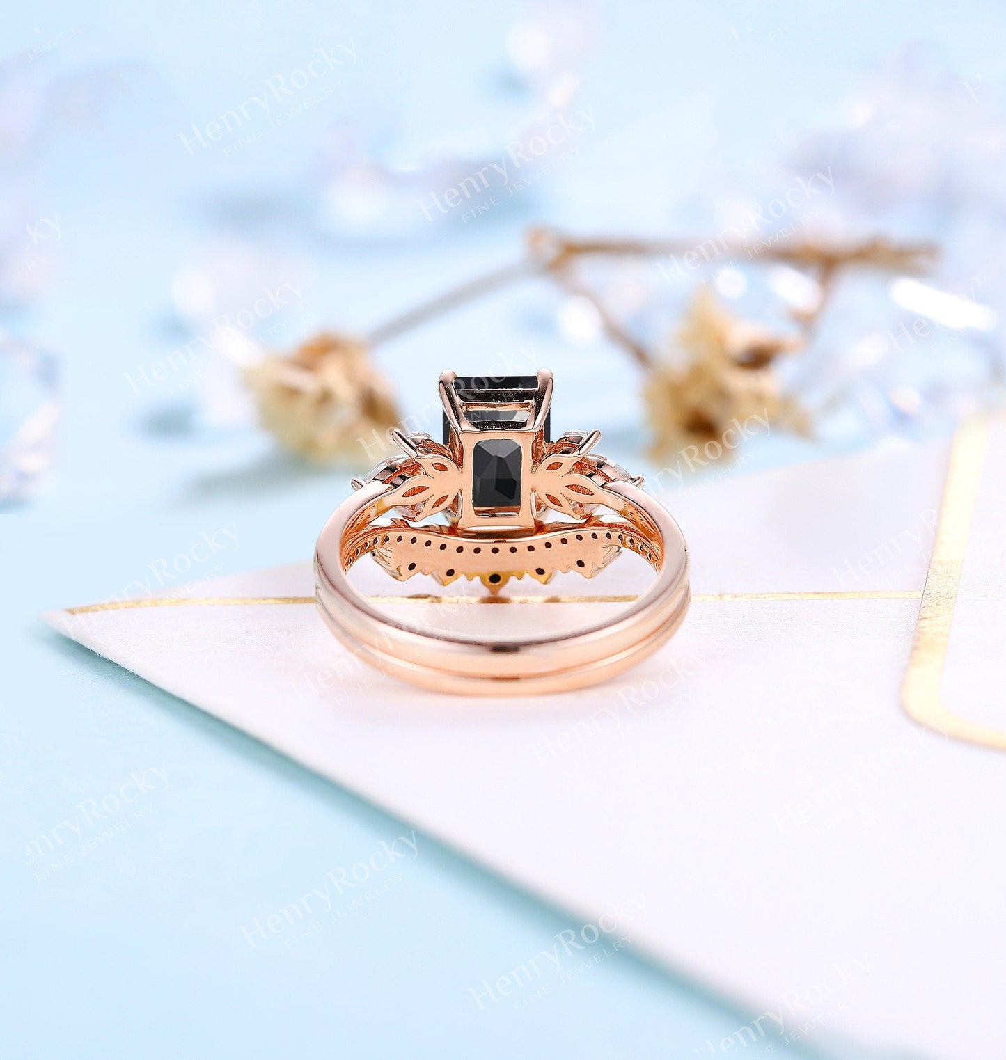 Black Onyx Engagement Ring Set | Emerald Cut Rose Gold Wedding Set | Vintage Moissanite Bridal Ring | Unique Anniversary Ring Promise Ring