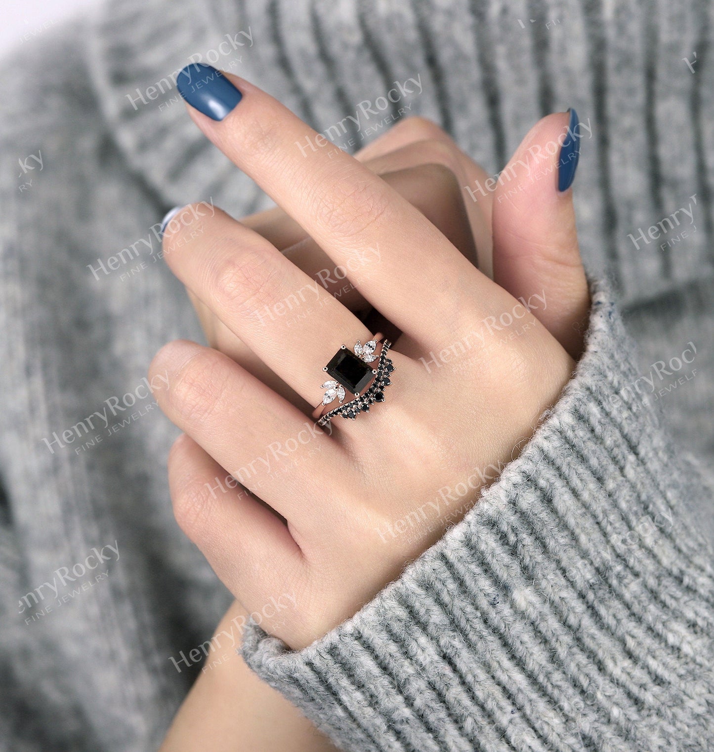 Black Onyx Engagement Ring Set | Emerald Cut Rose Gold Wedding Set | Vintage Moissanite Bridal Ring | Unique Anniversary Ring Promise Ring