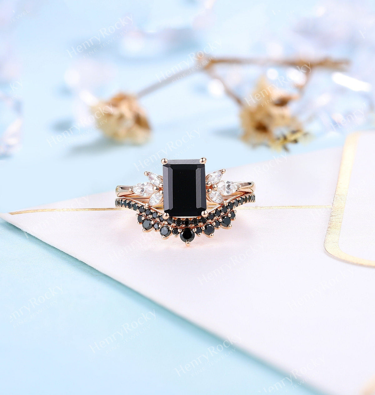 Black Onyx Engagement Ring Set | Emerald Cut Rose Gold Wedding Set | Vintage Moissanite Bridal Ring | Unique Anniversary Ring Promise Ring