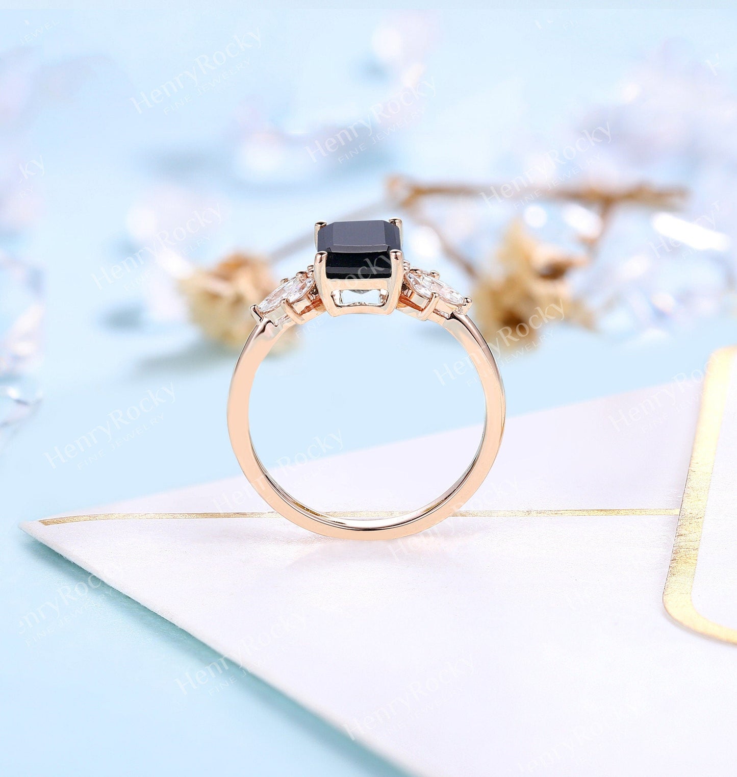 Emerald Cut Black Onyx Engagement Ring | Art Deco Rose gold ring  women | Vintage Moissanite Wedding Ring | Unique Anniversary Promise ring