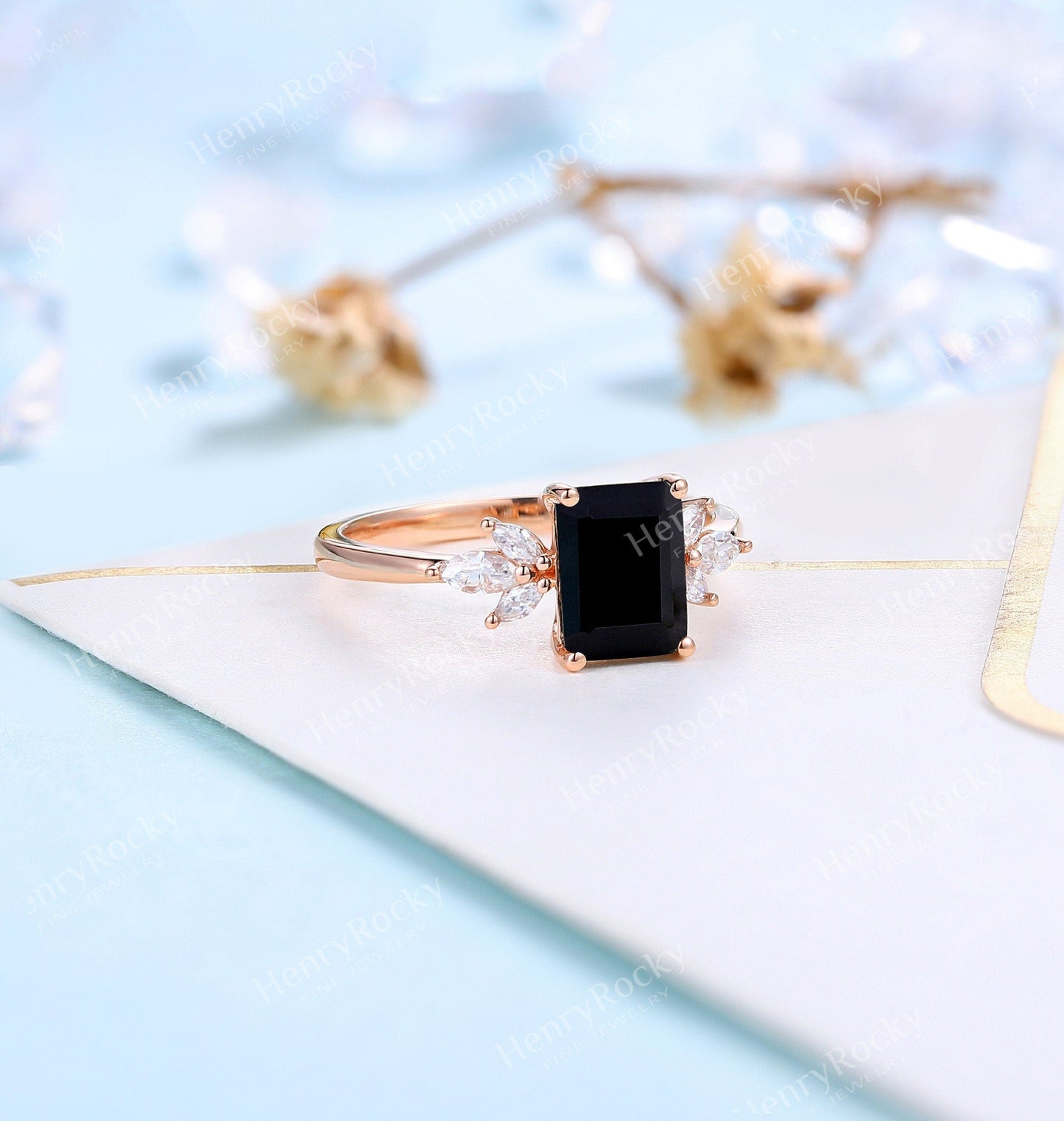 Emerald Cut Black Onyx Engagement Ring | Art Deco Rose gold ring  women | Vintage Moissanite Wedding Ring | Unique Anniversary Promise ring