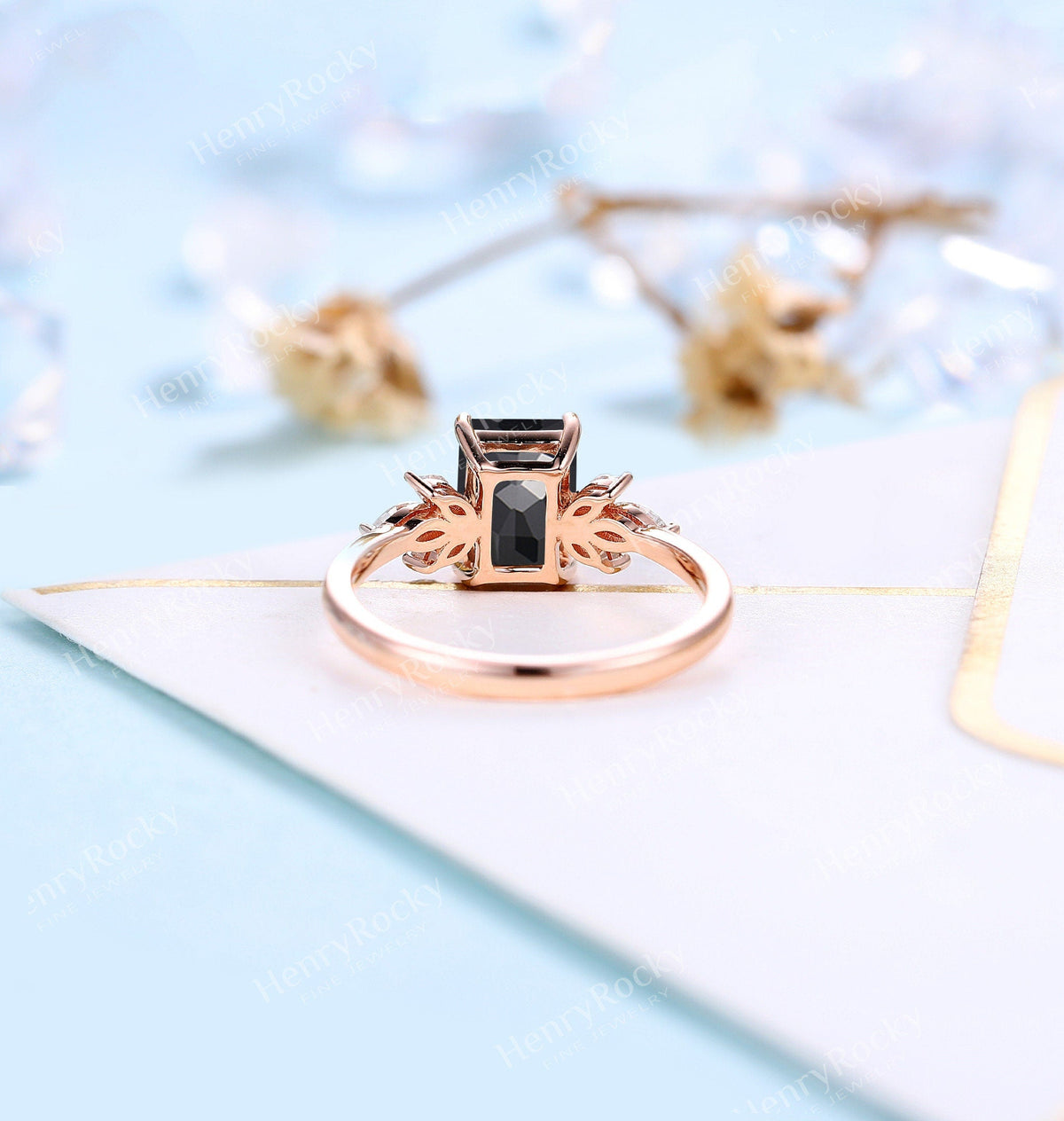 Emerald Cut Black Onyx Engagement Ring | Art Deco Rose gold ring  women | Vintage Moissanite Wedding Ring | Unique Anniversary Promise ring