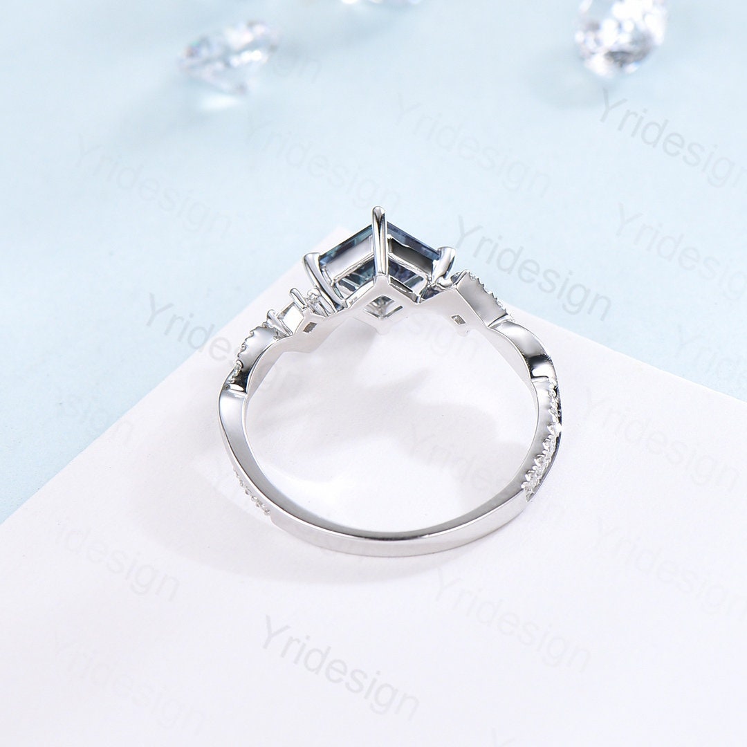 Unique 5mm princess cut sapphire ring twisted-Dainty blue sapphire moissanite engagement ring-White Gold infinity anniversary ring