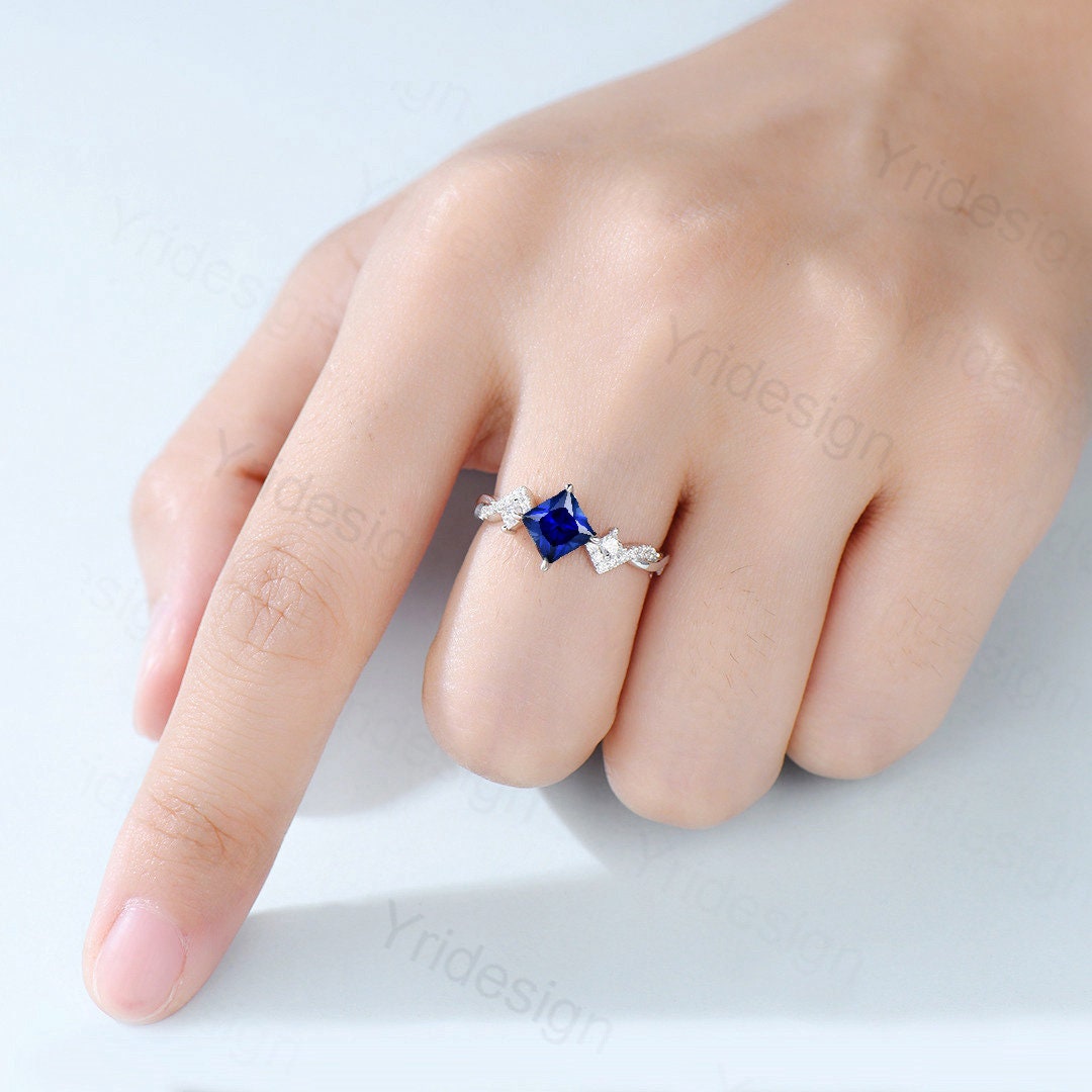 Unique 5mm princess cut sapphire ring twisted-Dainty blue sapphire moissanite engagement ring-White Gold infinity anniversary ring