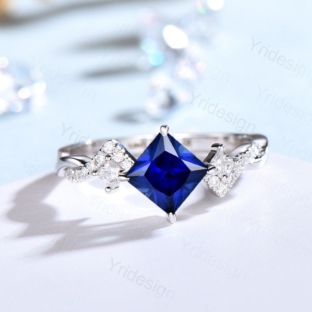 Unique 5mm princess cut sapphire ring twisted-Dainty blue sapphire moissanite engagement ring-White Gold infinity anniversary ring