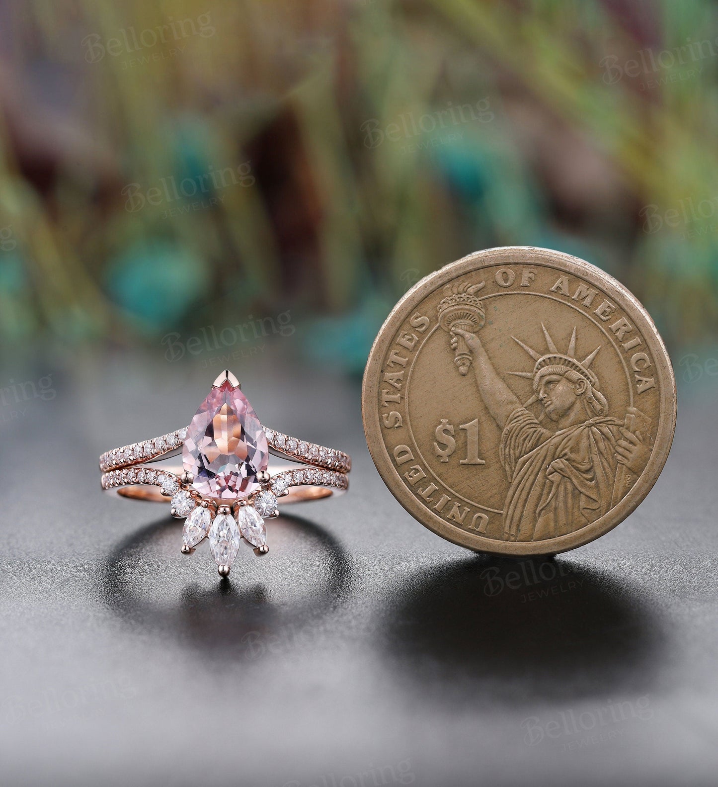 Morganite engagement ring set, pear shaped curved wedding band, vintage moissanite/diamond ring, rose gold Wedding unique anniversary ring