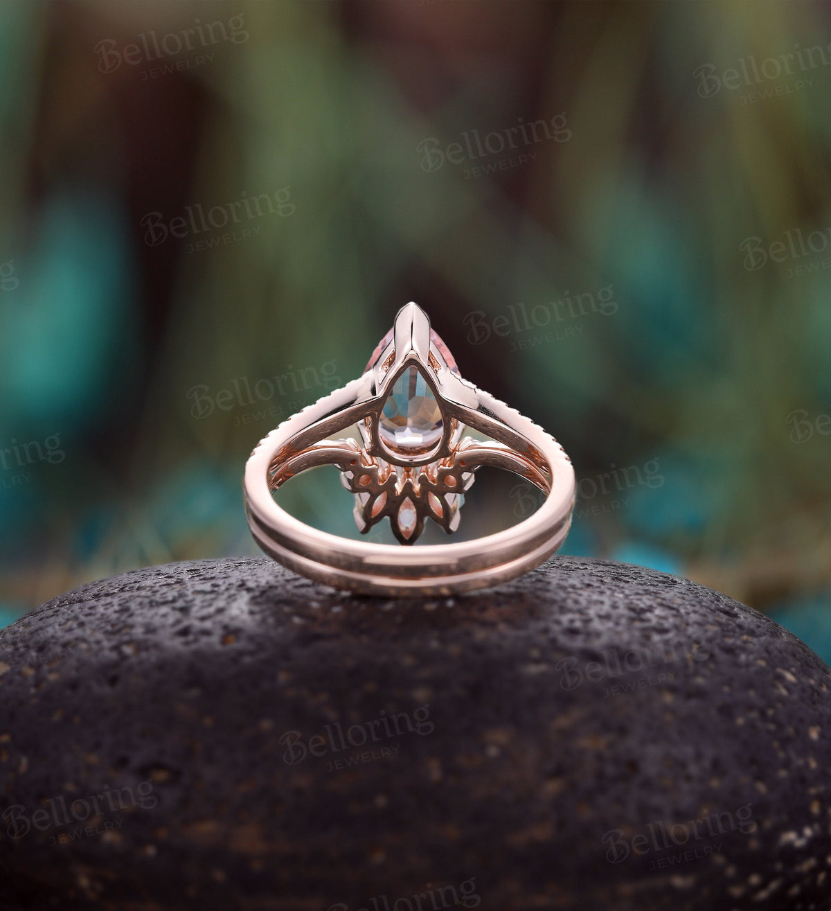 Morganite engagement ring set, pear shaped curved wedding band, vintage moissanite/diamond ring, rose gold Wedding unique anniversary ring