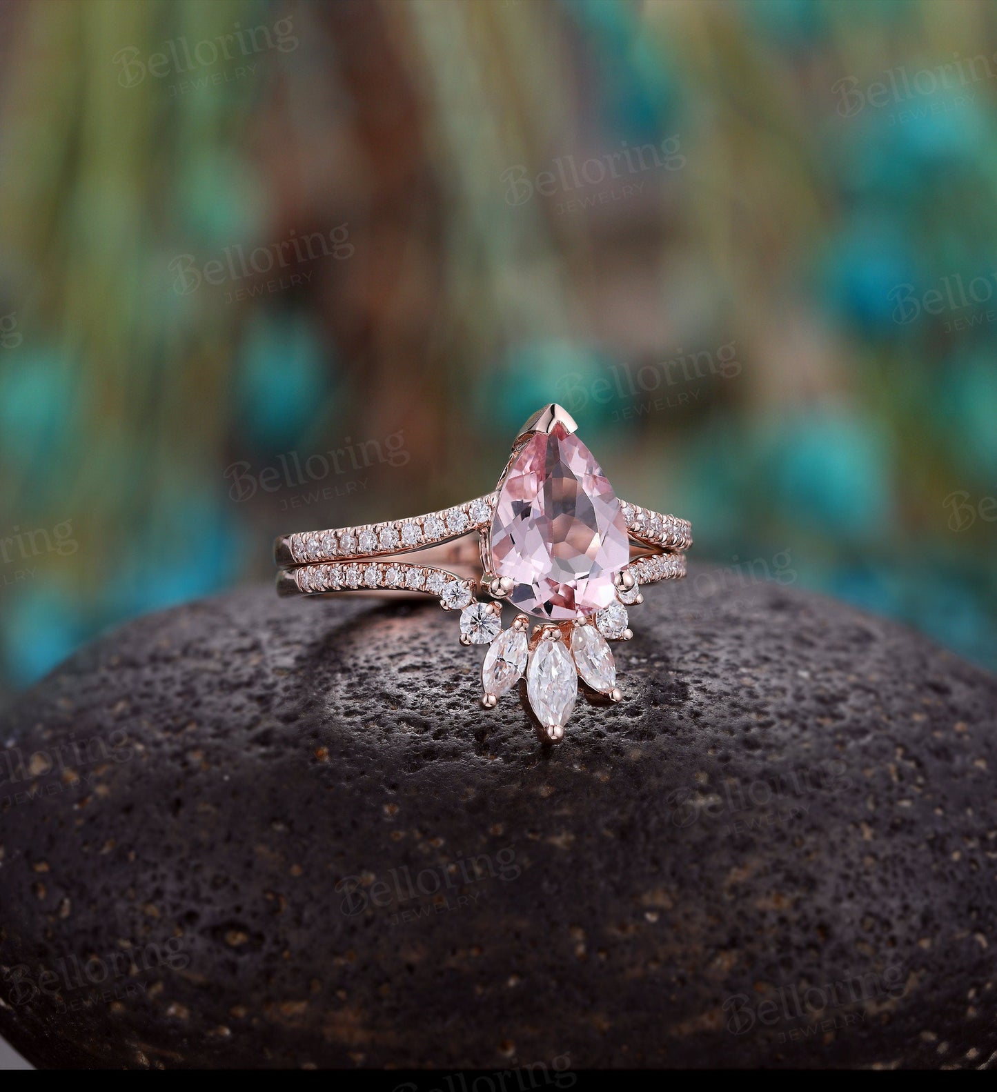 Morganite engagement ring set, pear shaped curved wedding band, vintage moissanite/diamond ring, rose gold Wedding unique anniversary ring