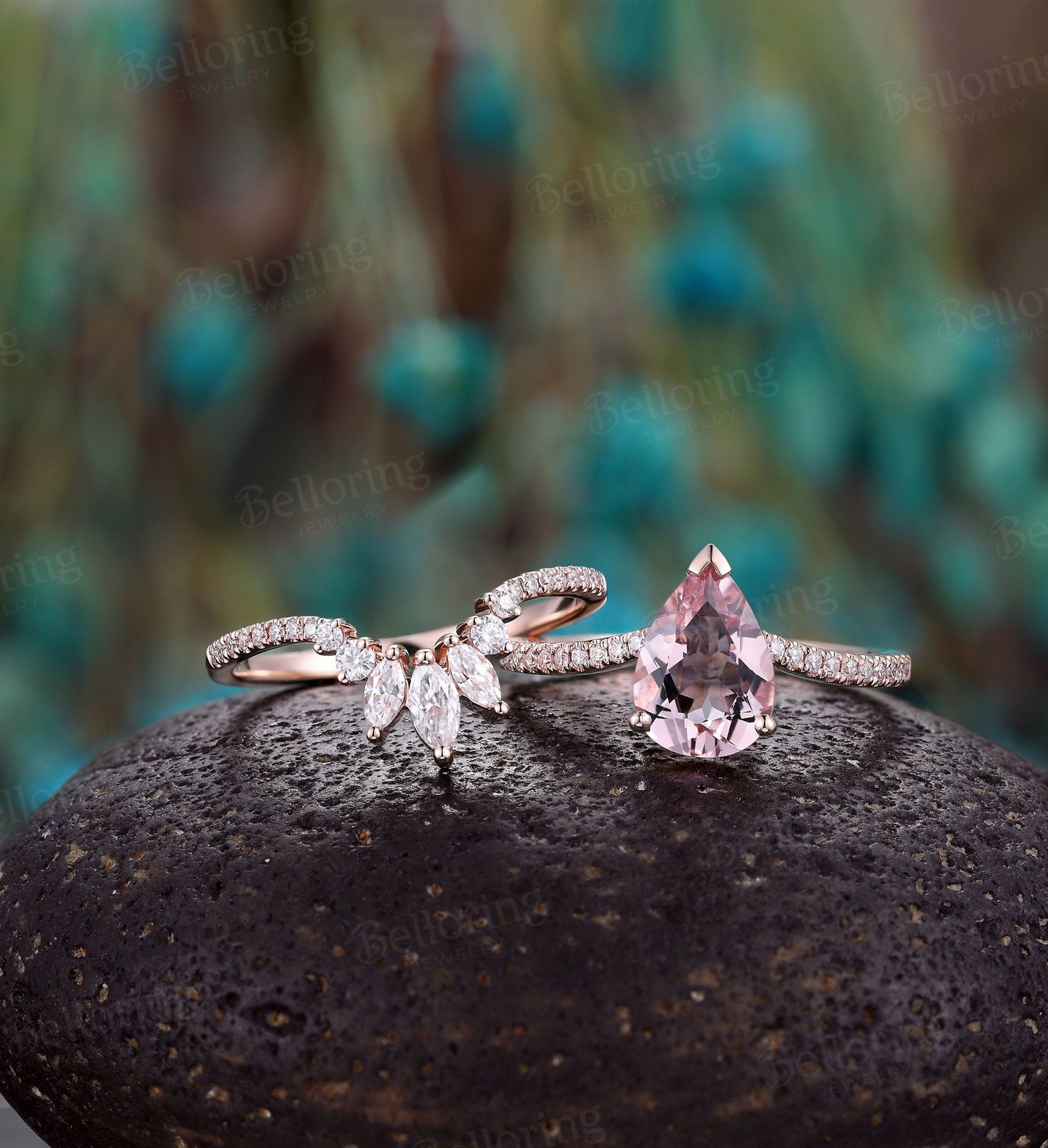 Morganite engagement ring set, pear shaped curved wedding band, vintage moissanite/diamond ring, rose gold Wedding unique anniversary ring