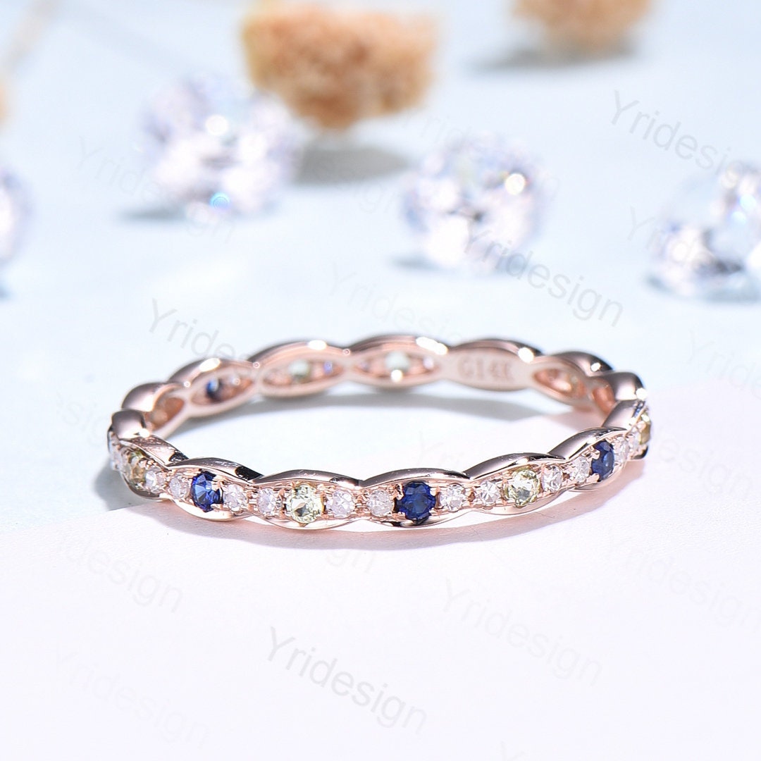 Sapphire peridot diamond wedding ring band solid 14K 18k yellow gold full eternity diamond stacking matching band art deco engagement  ring