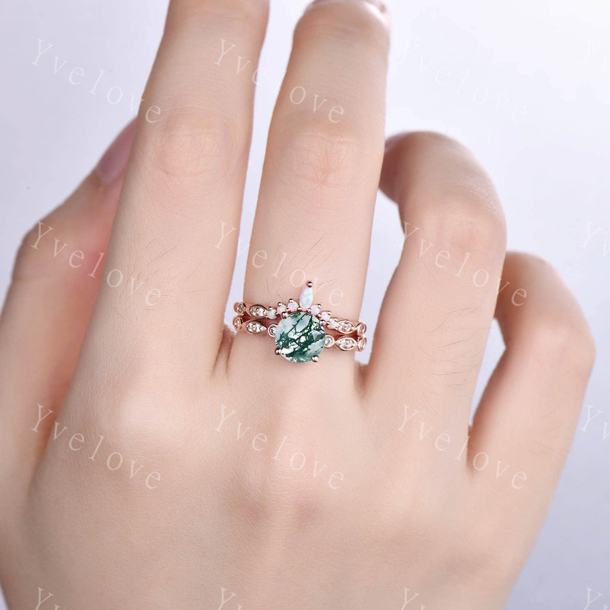 Moss agate engagement ring set solitaire ring rose gold art deco ring stacking curved opal diamond matching band promise jewelry birth gift