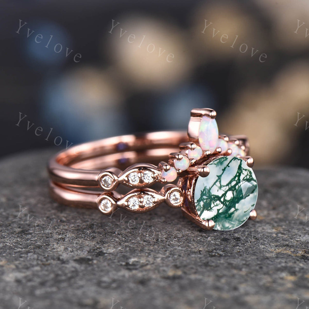 Moss agate engagement ring set solitaire ring rose gold art deco ring stacking curved opal diamond matching band promise jewelry birth gift