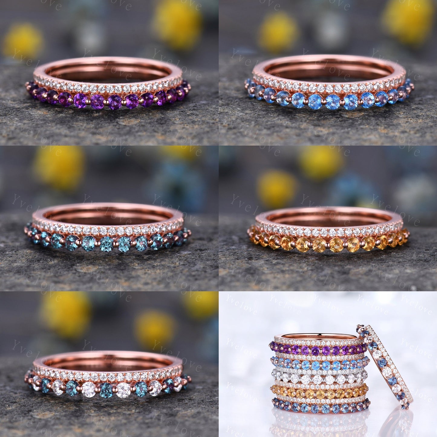 Geniune Swiss Blue Topaz Engagemnt Ring ,Topaz Wedding Band, Blue Gemstone Ring,Half Eternity Wedding Ring, December Birthstone, Gold Band
