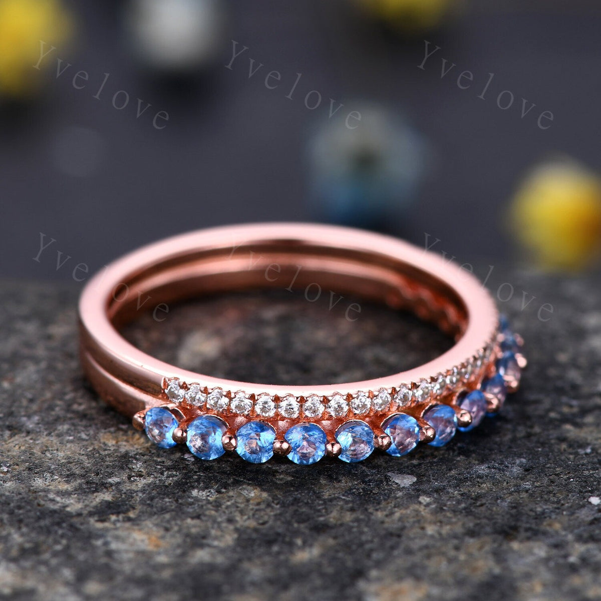 Geniune Swiss Blue Topaz Engagemnt Ring ,Topaz Wedding Band, Blue Gemstone Ring,Half Eternity Wedding Ring, December Birthstone, Gold Band
