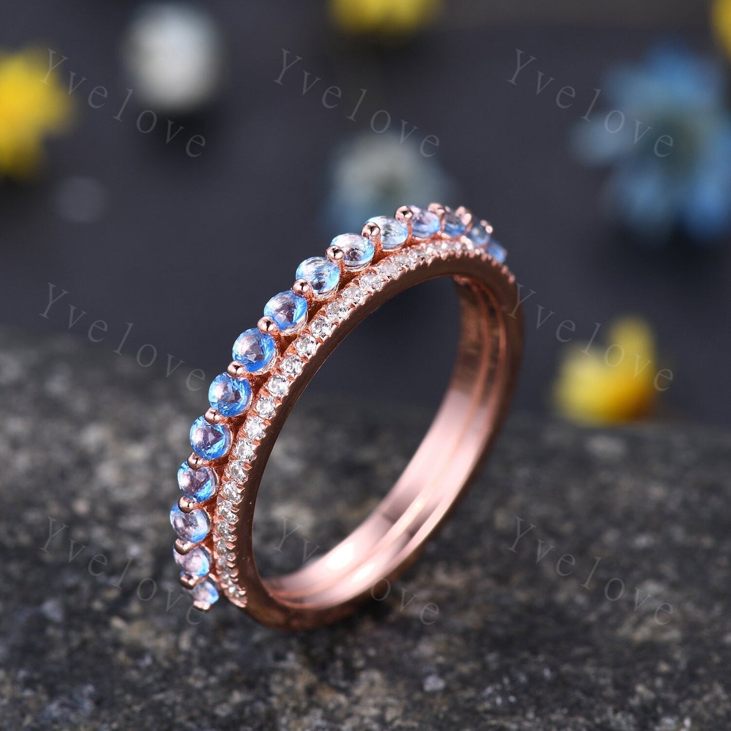 Geniune Swiss Blue Topaz Engagemnt Ring ,Topaz Wedding Band, Blue Gemstone Ring,Half Eternity Wedding Ring, December Birthstone, Gold Band