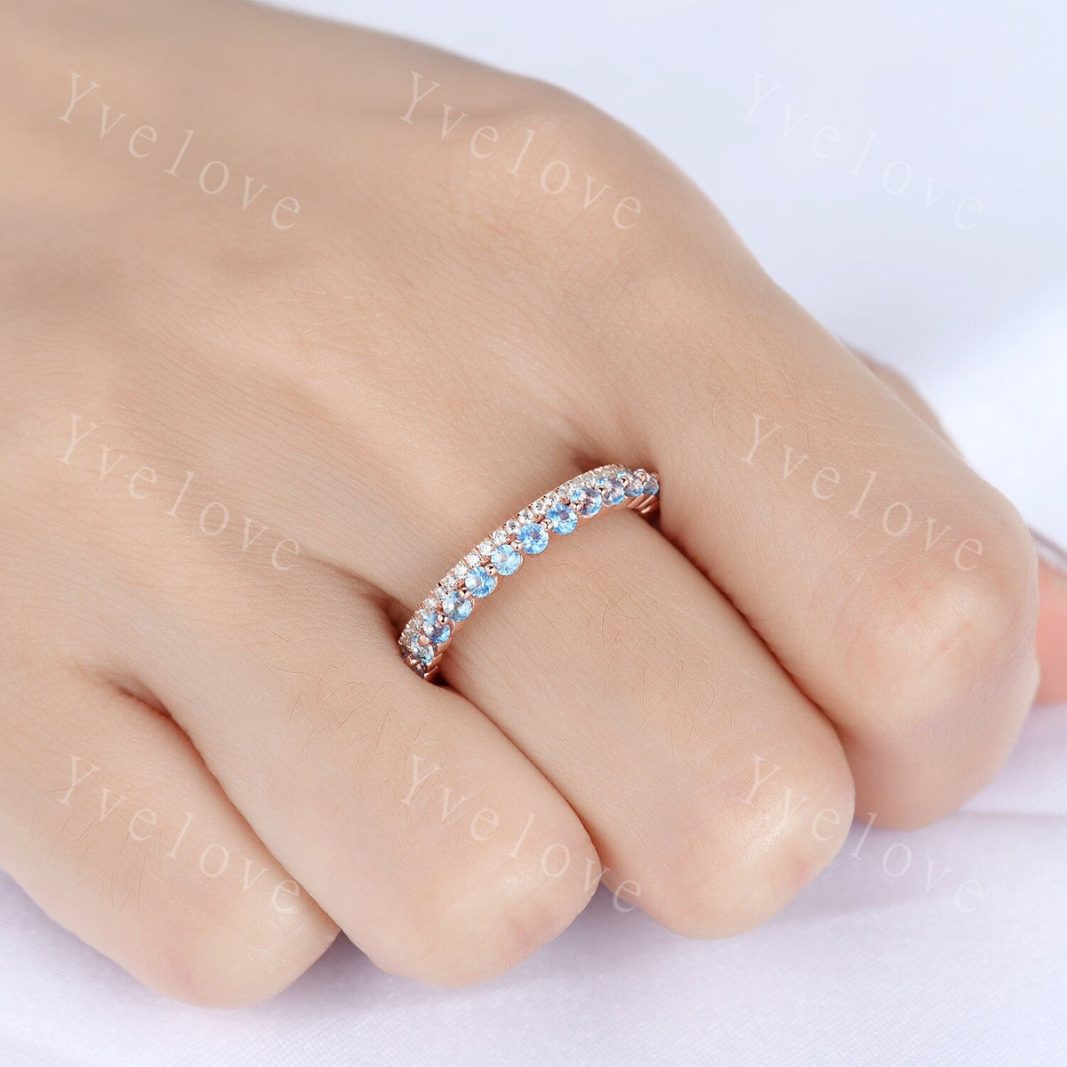 Geniune Swiss Blue Topaz Engagemnt Ring ,Topaz Wedding Band, Blue Gemstone Ring,Half Eternity Wedding Ring, December Birthstone, Gold Band