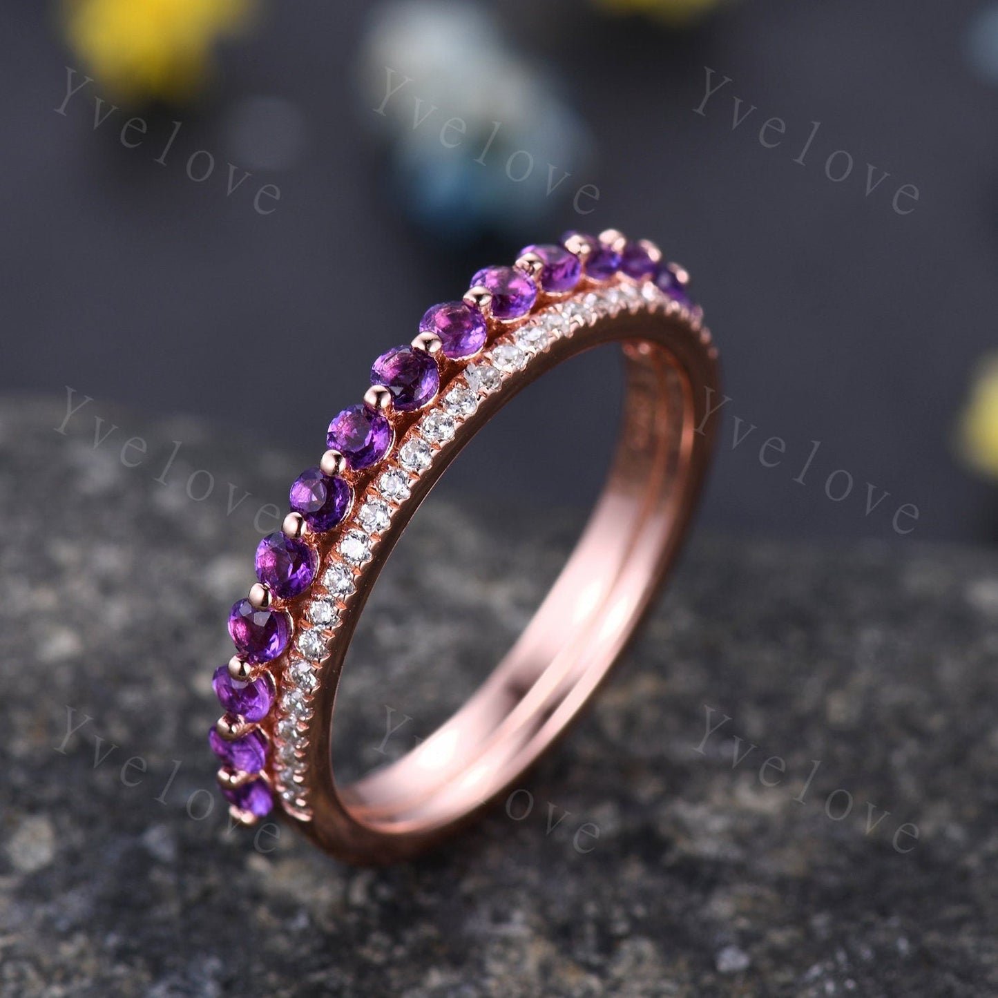 Danity Amethyst Engagement Ring Purple Amethyst Stacking Ring Moissanite Promise ring Wedding Ring February Birthstone Sterling Silver Ring
