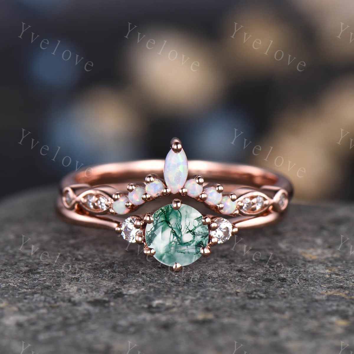 Curved Wedding Band Rose Gold Women Marquise Cut Diamond Opal Ring Unique Jewelry Stacking Matching Anniversary Gifts September Birthstone