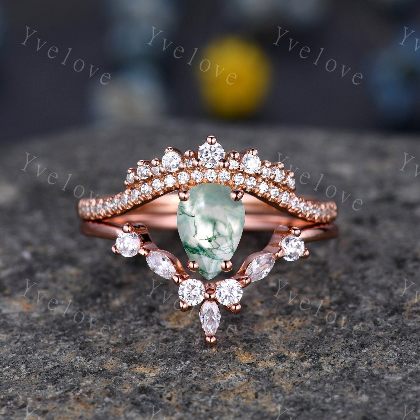 Pear Cut Moss Agate Engagement Ring Set Elegant Wedding Ring Set Marquise stacking wedding band Unique Vintage Bridal Set Anniversary Gift