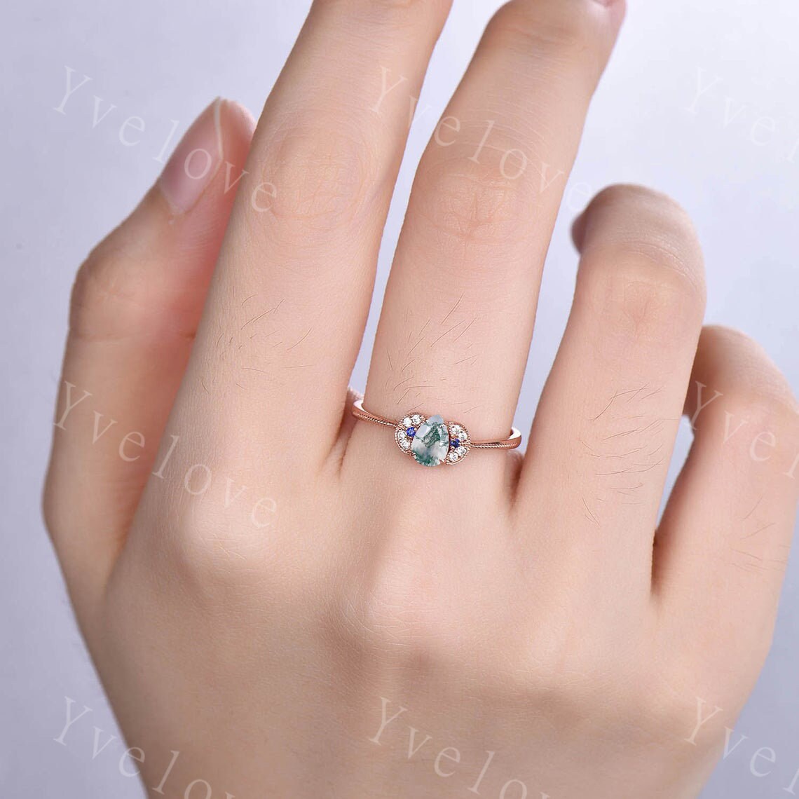 Dainty Rose Gold Moss Agate Engagement Ring Diamond Women Wedding Ring 14K/18K Bridal Promise Anniversary Gift