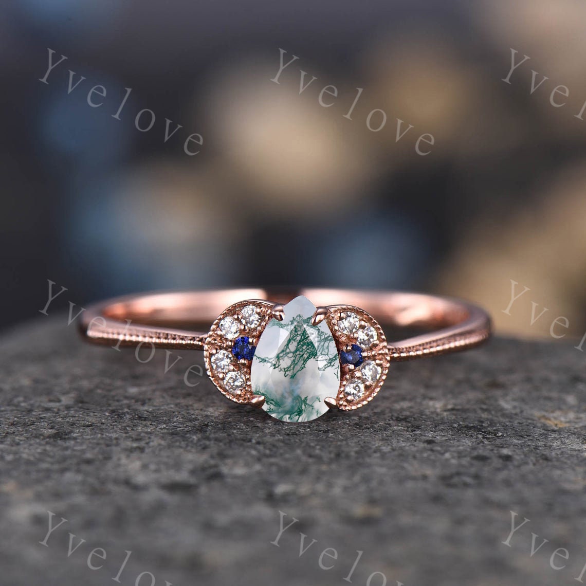 Dainty Rose Gold Moss Agate Engagement Ring Diamond Women Wedding Ring 14K/18K Bridal Promise Anniversary Gift
