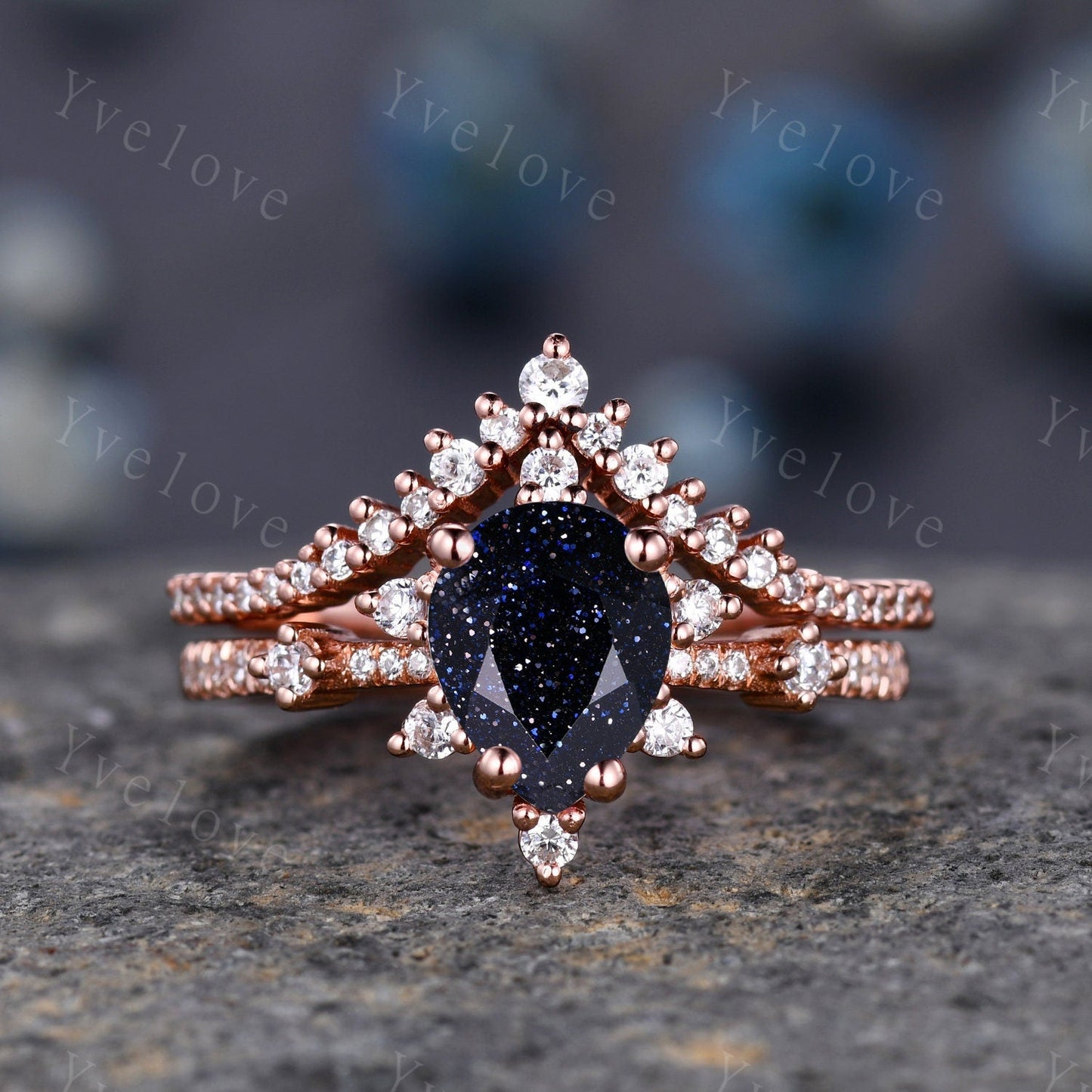 Vintage Blue Sandstone Ring Engagement Ring Set,Pear Cut Bridal Set ,925 Sterling silver Half Eternity Band
