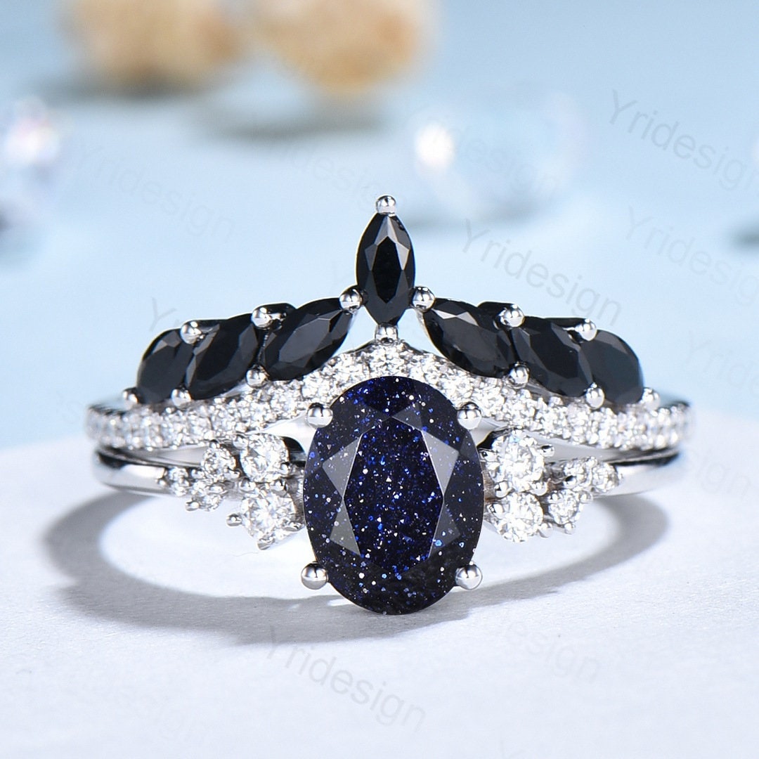 Oval Blue Sandstone Engagement Ring Set, 14k Rose Gold, Black Diamond & Moissanite