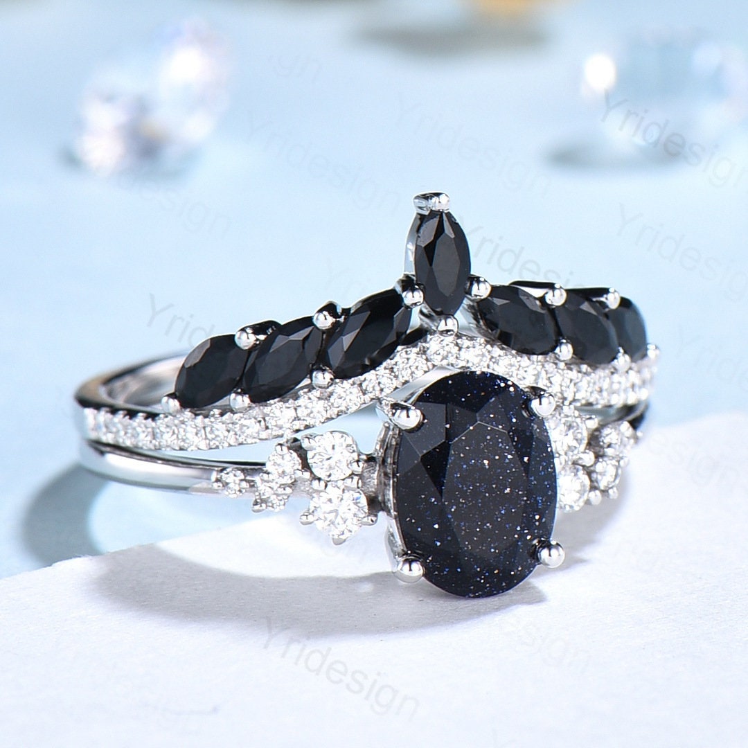 Oval Blue Sandstone Engagement Ring Set, 14k Rose Gold, Black Diamond & Moissanite