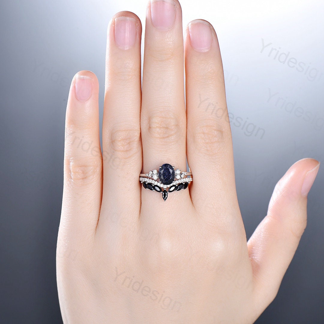 Oval Blue Sandstone Engagement Ring Set, 14k Rose Gold, Black Diamond & Moissanite