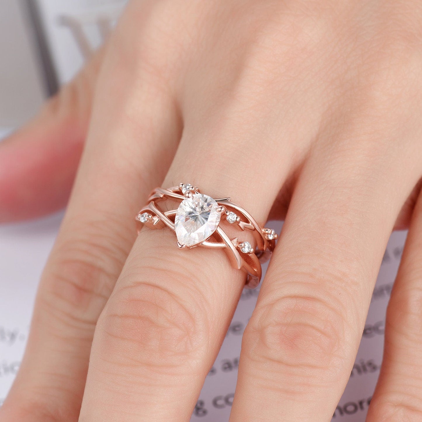 Unique Teardrop Moissanite Ring Set,Vintage Twig Diamond Engagement Ring Set,Branch Ring Set Gold,Twisted Ring Bridal Set,Dainty Ring Set
