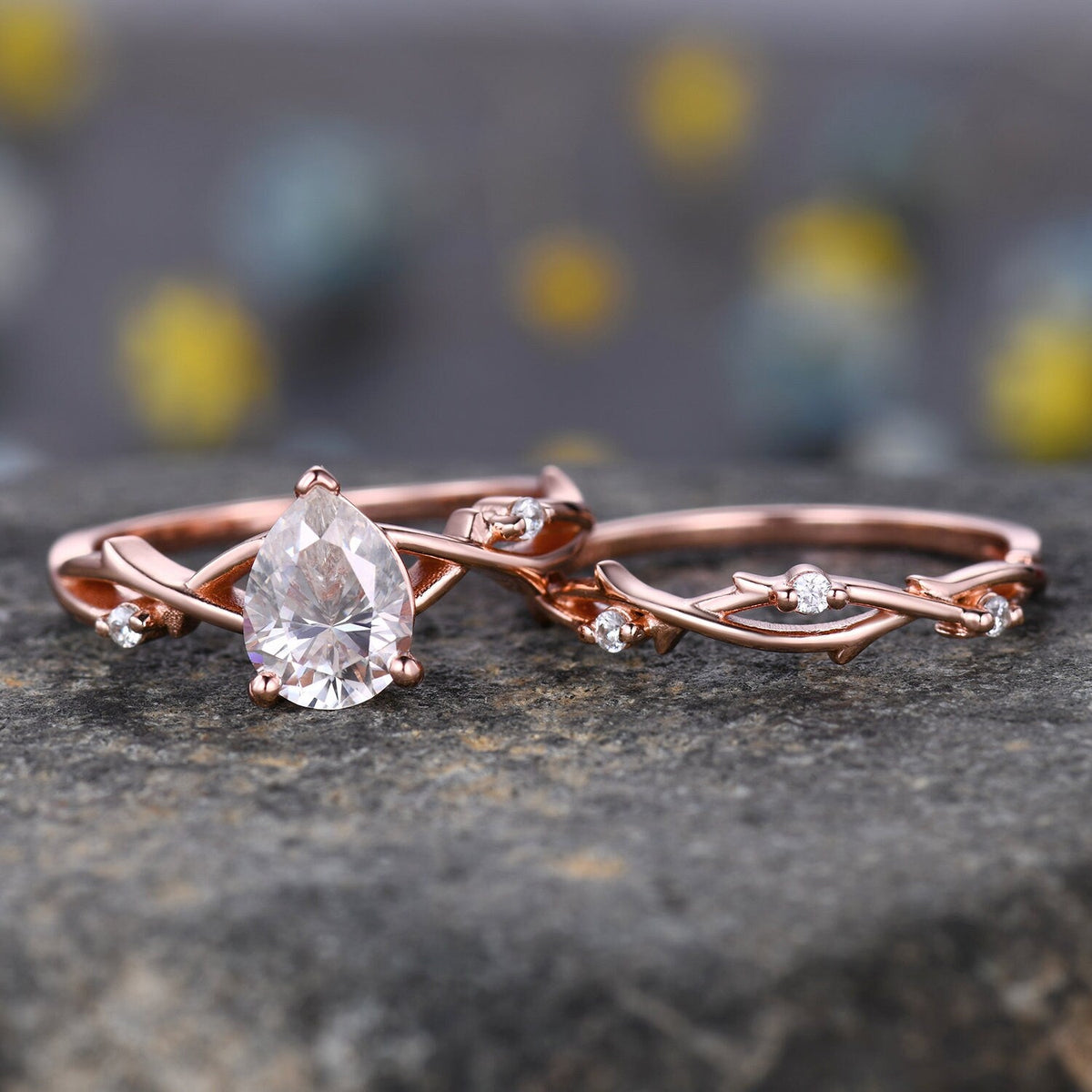 Unique Teardrop Moissanite Ring Set,Vintage Twig Diamond Engagement Ring Set,Branch Ring Set Gold,Twisted Ring Bridal Set,Dainty Ring Set