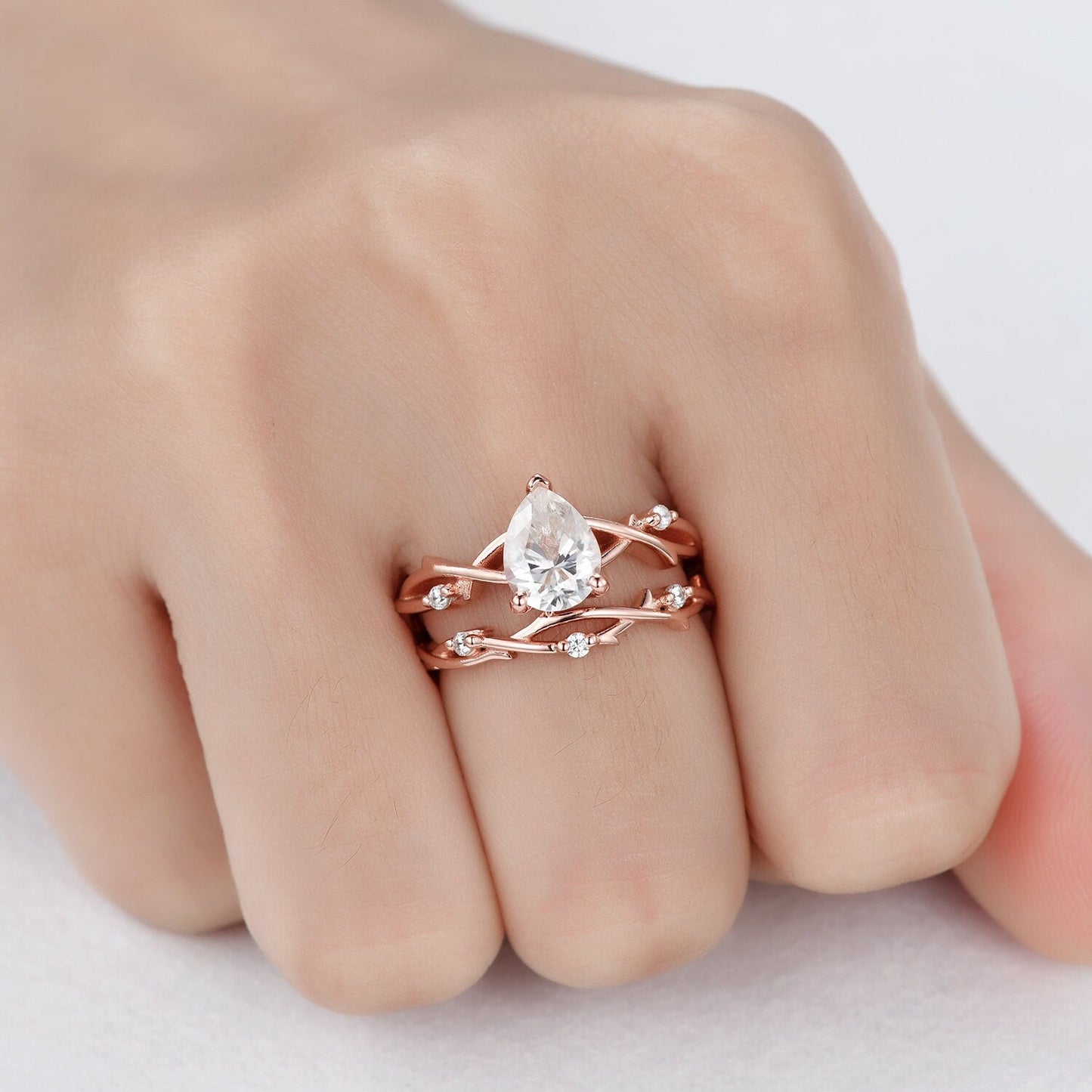 Unique Teardrop Moissanite Ring Set,Vintage Twig Diamond Engagement Ring Set,Branch Ring Set Gold,Twisted Ring Bridal Set,Dainty Ring Set