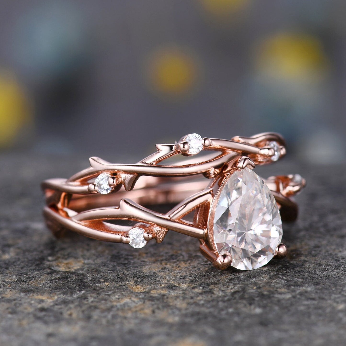 Unique Teardrop Moissanite Ring Set,Vintage Twig Diamond Engagement Ring Set,Branch Ring Set Gold,Twisted Ring Bridal Set,Dainty Ring Set
