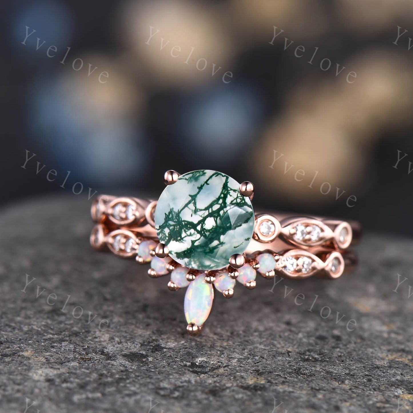 Moss agate engagement ring set solitaire ring rose gold art deco ring stacking curved opal diamond matching band promise jewelry birth gift