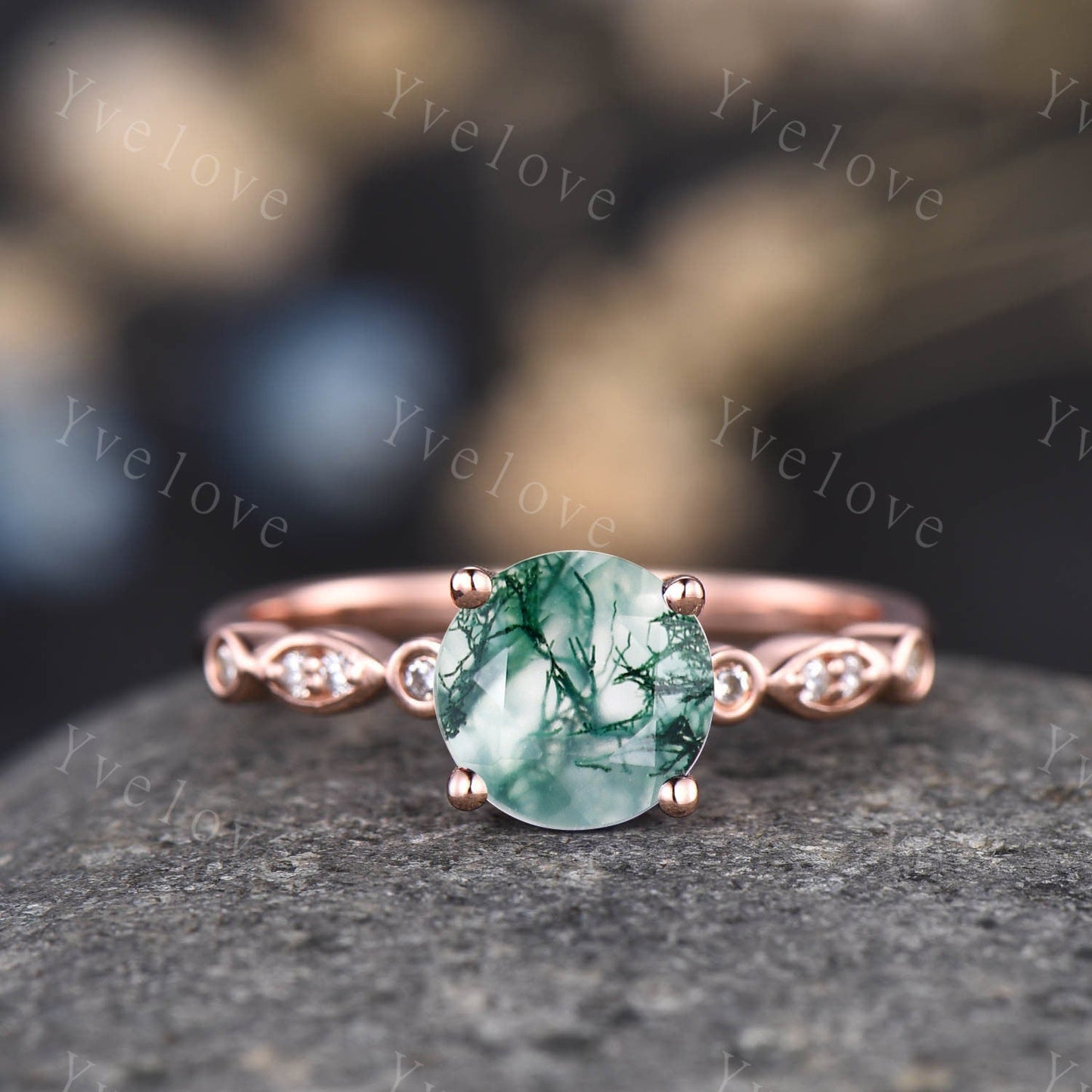 Moss agate engagement ring set solitaire ring rose gold art deco ring stacking curved opal diamond matching band promise jewelry birth gift