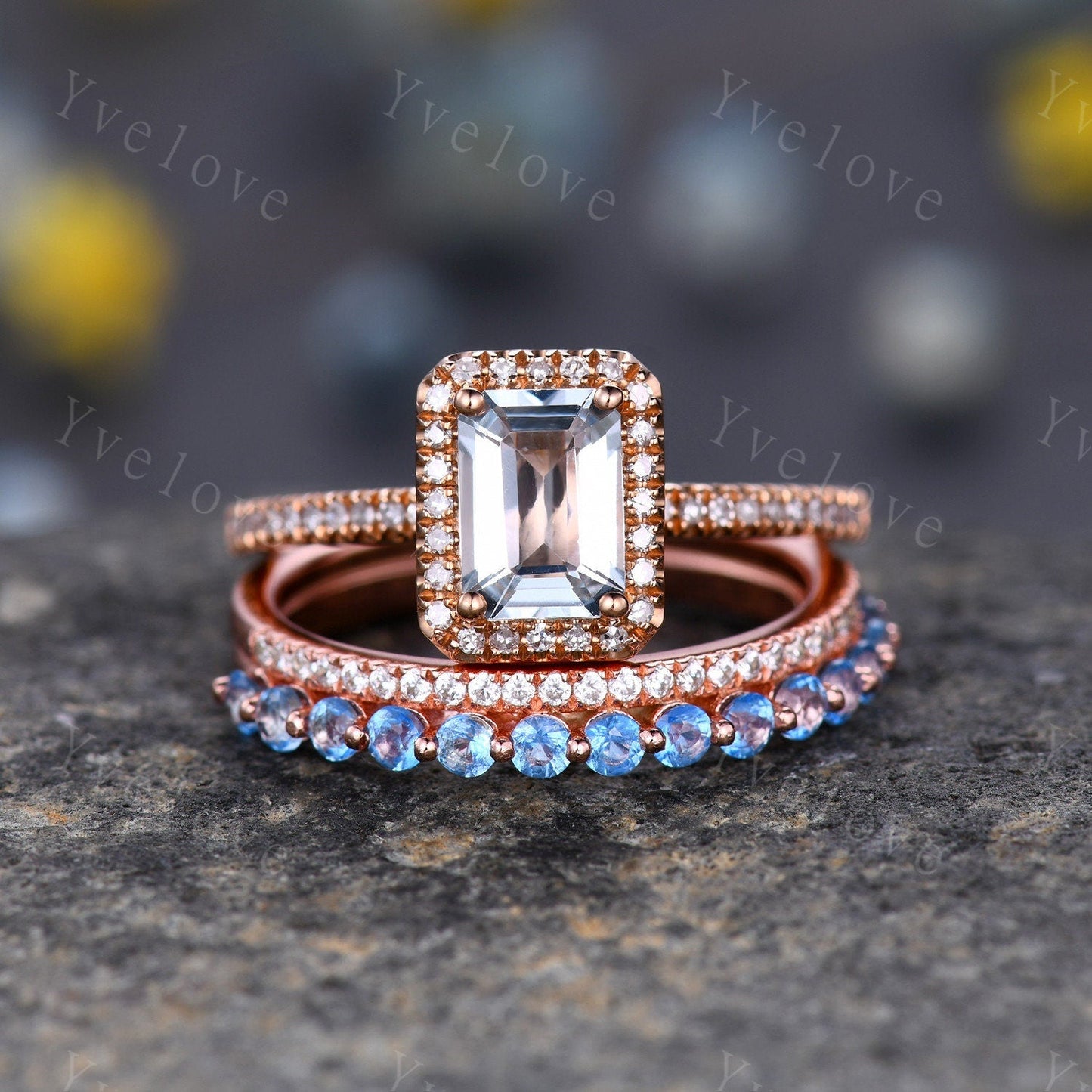 Geniune Swiss Blue Topaz Engagemnt Ring ,Topaz Wedding Band, Blue Gemstone Ring,Half Eternity Wedding Ring, December Birthstone, Gold Band