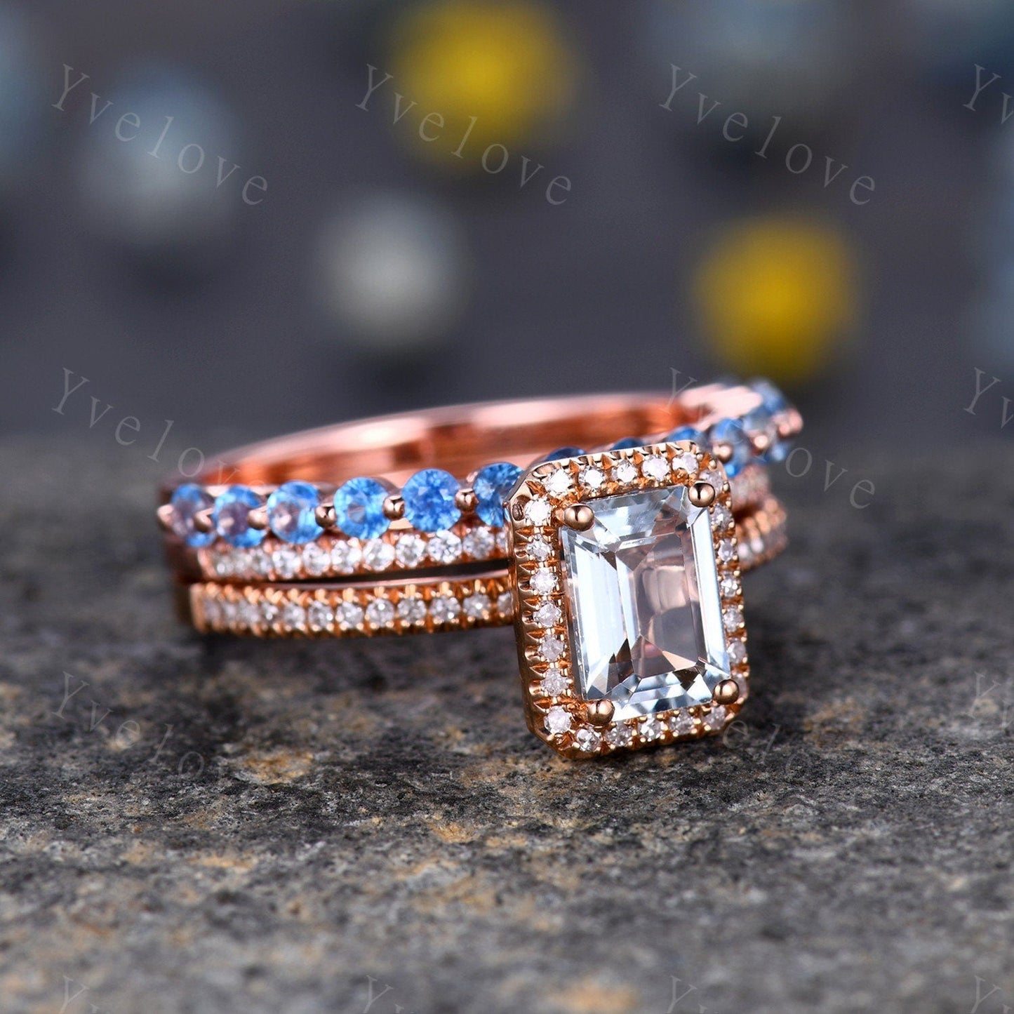Geniune Swiss Blue Topaz Engagemnt Ring ,Topaz Wedding Band, Blue Gemstone Ring,Half Eternity Wedding Ring, December Birthstone, Gold Band