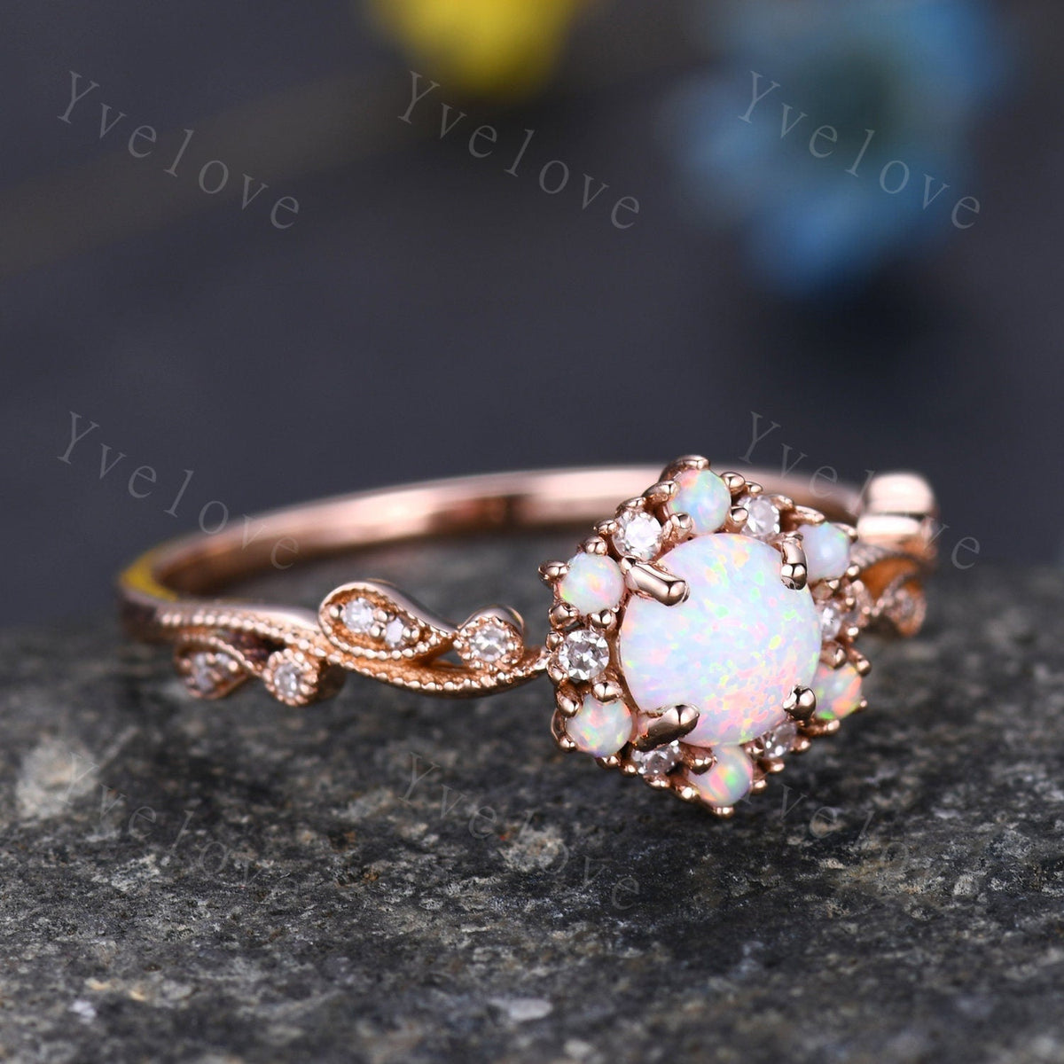 Vintage Opal Engagement Ring Rose Gold  White Opal Diamond Wedding Ring Bridal Ring October Birthstone For Women Promise Anniversary Gift