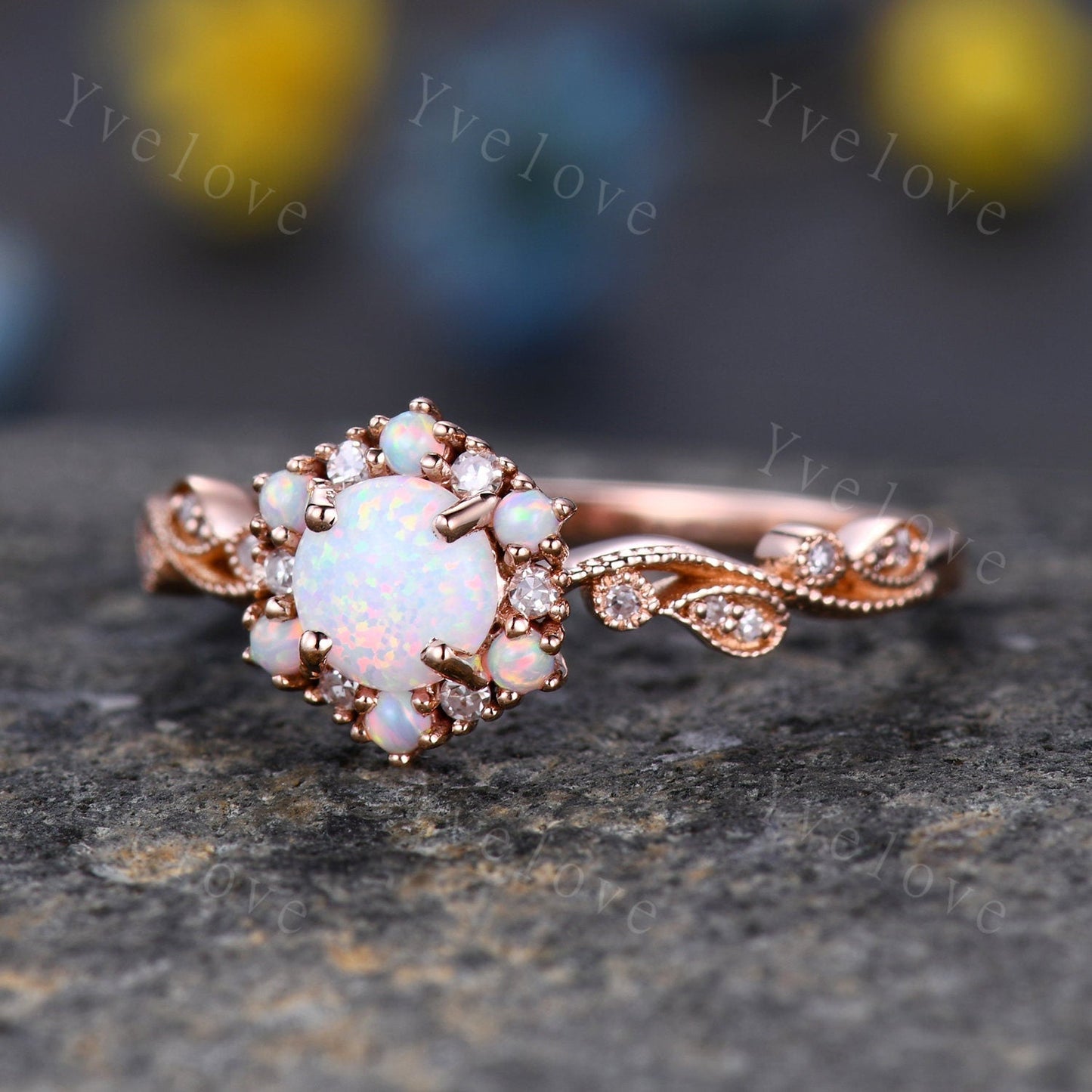 Vintage Opal Engagement Ring Rose Gold  White Opal Diamond Wedding Ring Bridal Ring October Birthstone For Women Promise Anniversary Gift
